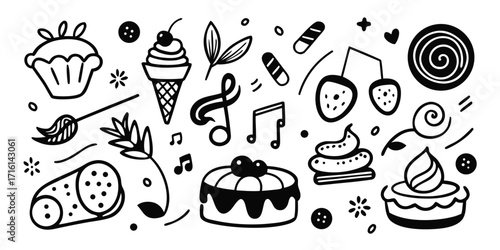 Whimsical hand drawn dessert collection cupcakes ice cream cakes and candy treats