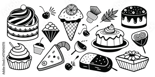 Delicious desserts collection of cakes cupcakes ice cream and sweet treats in sketch style