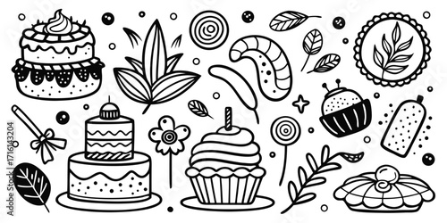 Whimsical hand drawn dessert collection featuring cakes cupcakes and pastries doodle art