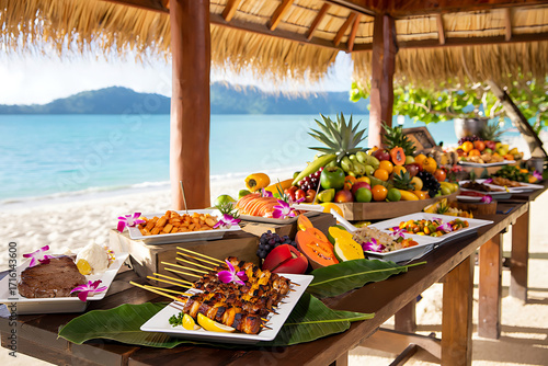 Luxurious Beachfront Buffet with Tropical Fruits and Grilled Skewers Offering an Exquisite Dining Experience