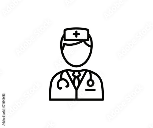 Line art icon of a doctor or medical professional wearing a coat, tie, cap with a cross, and stethoscope, representing healthcare and medicine.