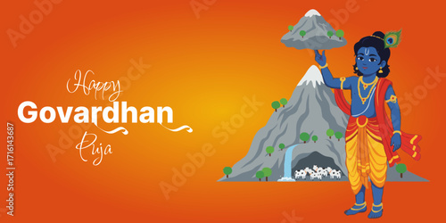 Happy Govardhan Puja Festival Krishna Lifting Hill Nature Indian Tradition Spiritual Art Celebration Sacred Ritual Decorative Hindu Culture
