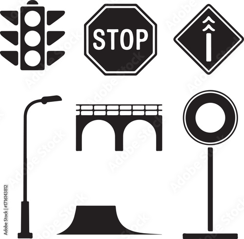 Urban elements set traffic signals bridge street light