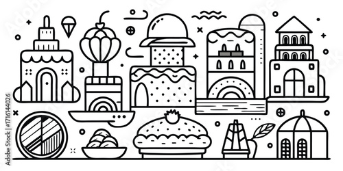 Whimsical outline drawing of a sweet cityscape with desserts and buildings