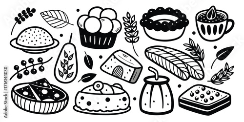 Hand drawn collection of delicious desserts and pastries with berries and fruits