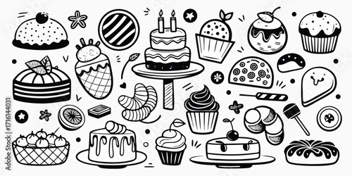 Delicious hand-drawn desserts collection featuring cakes cupcakes pies and sweet treats