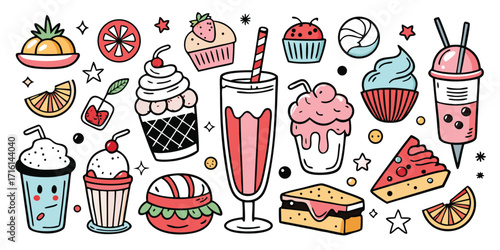 Delicious assortment of sweet treats desserts drinks and fast food items collection