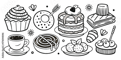 Hand-drawn assortment of delicious sweets and coffee cup for a sweet treat