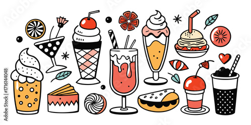 Hand drawn collection of sweet desserts and refreshing drinks for a delightful treat