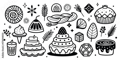 Hand drawn dessert collection featuring cakes cupcakes and pastries for sweet occasions