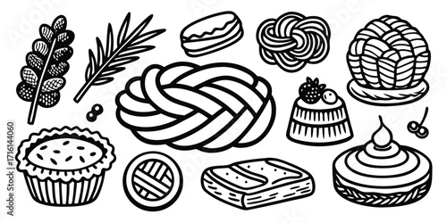 Hand-drawn sweet pastries and desserts collection featuring tarts cakes and breads