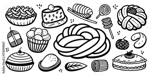 Variety of delicious hand-drawn desserts and sweets collection line art