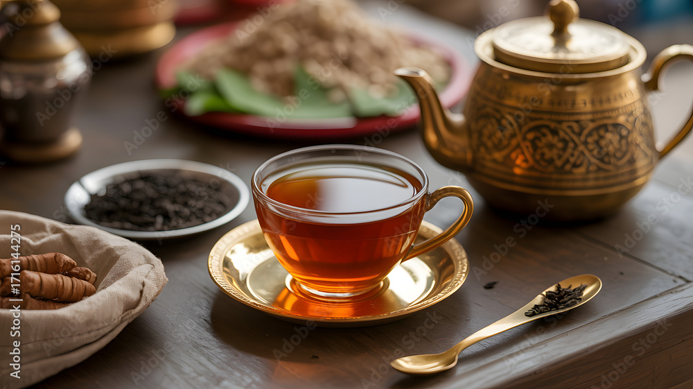 Fototapeta premium Traditional Chai Tea with Sugar Crystals and Spices in Authentic Street Stall Setting