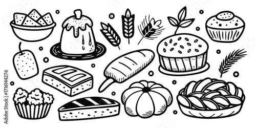 Hand-drawn dessert and pastry collection featuring cakes pies muffins and breads for baking and treat inspiration