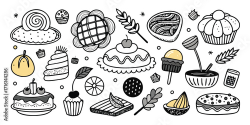 Whimsical hand drawn assortment of delicious desserts and sweet treats for any occasion