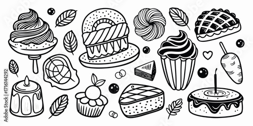 Hand drawn sketch collection of delicious desserts cakes pies and pastries