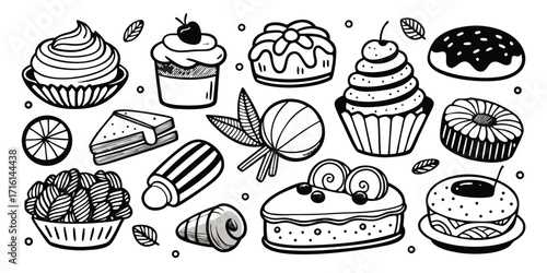 Delicious hand drawn sketch collection of assorted desserts and sweet treats