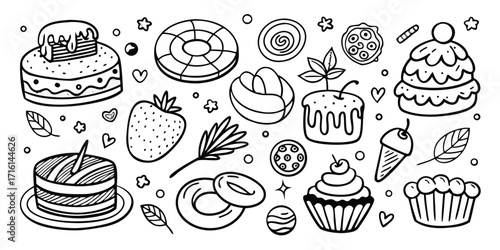 Drawn sweet treats collection featuring cakes cupcakes donuts ice cream and berries line art