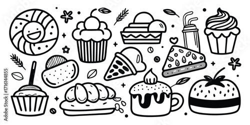 Hand-drawn dessert and sweet treats collection a delicious assortment