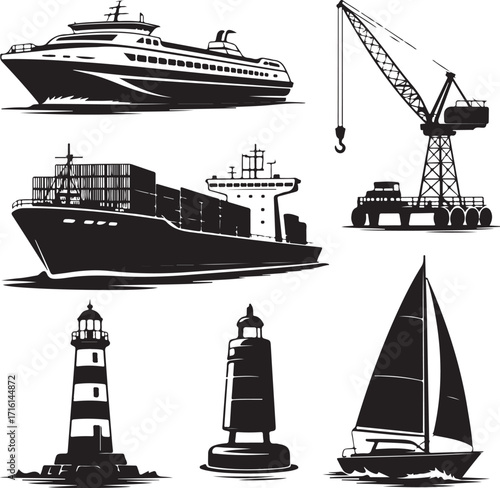 Maritime transport and navigation icons set