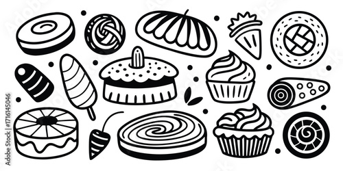 Whimsical hand drawn dessert collection featuring cakes cupcakes pastries and sweets