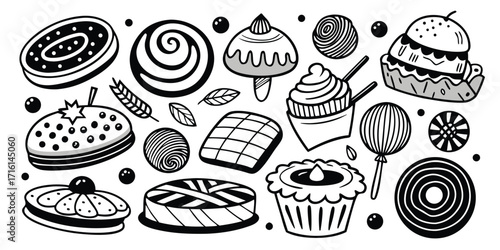 Hand drawn assortment of delicious desserts cookies cakes and sweets in black and white sketch style