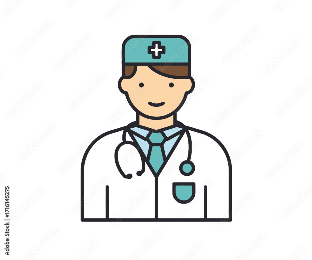 Fototapeta premium A flat vector icon of a male doctor wearing a lab coat, surgical cap, and a stethoscope on a white background.