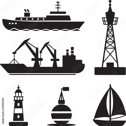 Nautical transport and navigation icons for maritime industry