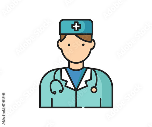 A flat vector icon of a male doctor wearing a lab coat, surgical cap, and a stethoscope on a white background.