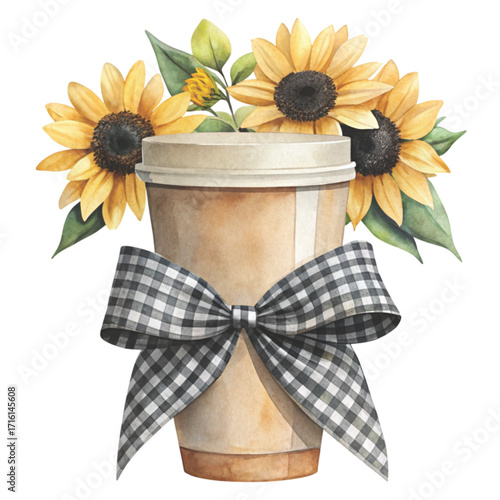A minimal watercolor paper coffee cup filled with bright sunflowers white background clipart watercolor 
