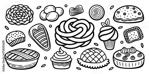 Collection of hand-drawn desserts and sweets featuring cakes pies and pastries
