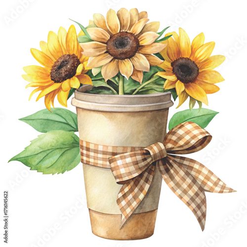 A minimal watercolor paper coffee cup filled with bright sunflowers white background clipart watercolor 