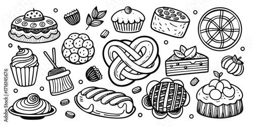 Hand-drawn assortment of delicious desserts and sweet baked goods collection