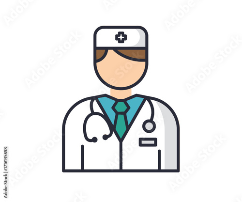 A flat vector icon of a male doctor wearing a lab coat, surgical cap, and a stethoscope on a white background.