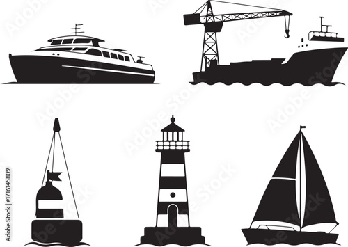 Nautical transport and navigation icons for maritime themes