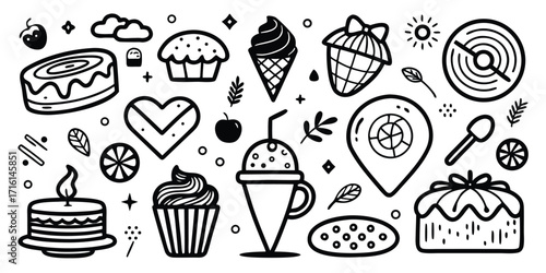 Charming doodle assortment of desserts cakes cupcakes ice cream and treats