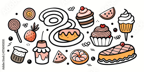 Delicious assortment of colorful hand-drawn desserts and sweets including cupcakes donuts and cake slices