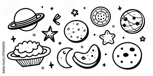Whimsical space themed doodle collection featuring planets stars and moons
