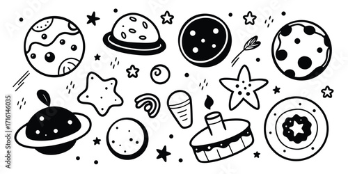 Whimsical hand-drawn space themed desserts and sweets collection for celebrations