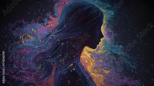 A glowing feminine figure with flowing hair of colorful stardust, framed by a dark universe