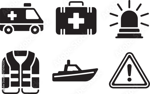 Emergency rescue safety icons: ambulance, first aid, siren, vest, boat