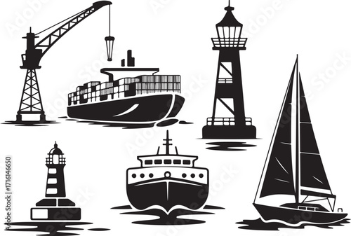 Maritime transport icons cargo ship sailboat lighthouse crane