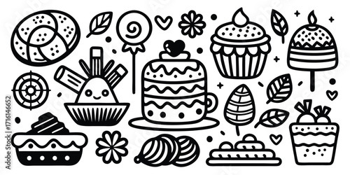 Doodle collection of sweet desserts cakes cupcakes lollipops and pastries fun hand drawn style