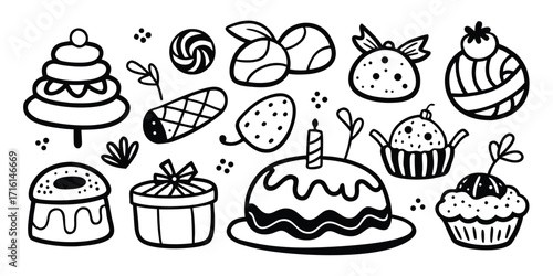 Hand drawn sweet treats and birthday party desserts collection line art