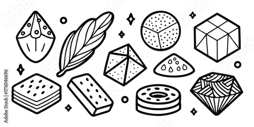 Collection of hand-drawn sweet treats and geometric shapes with sparkles