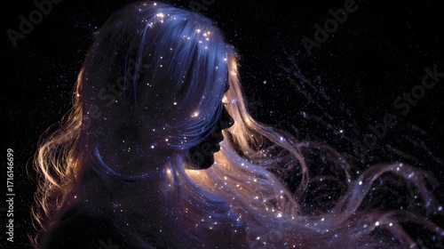 Cosmic empress glowing in darkness, her celestial hair twinkling with stellar lights
