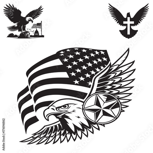 Patriotic Eagle with American Flag Wings and Military Symbols Celebrating National Pride and Freedom with Symbols of Strength and Courage