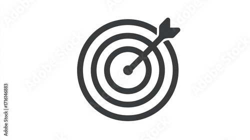 A simple grayscale icon depicts an arrow striking the bullseye of a concentric-circle target.  It symbolizes accuracy, precision, and goal achievement