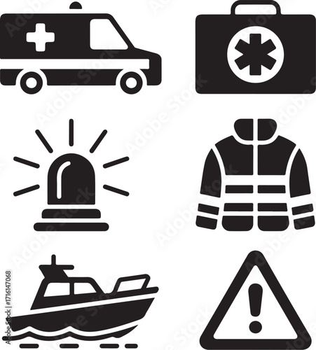 Emergency rescue icons: ambulance, first aid, boat, alert