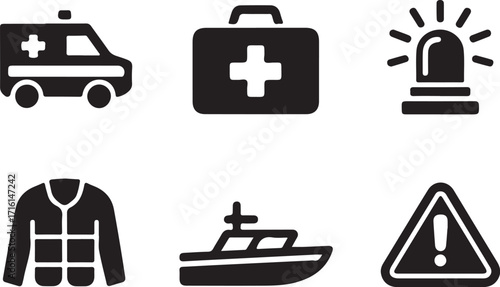 Emergency rescue and safety icons for critical situations